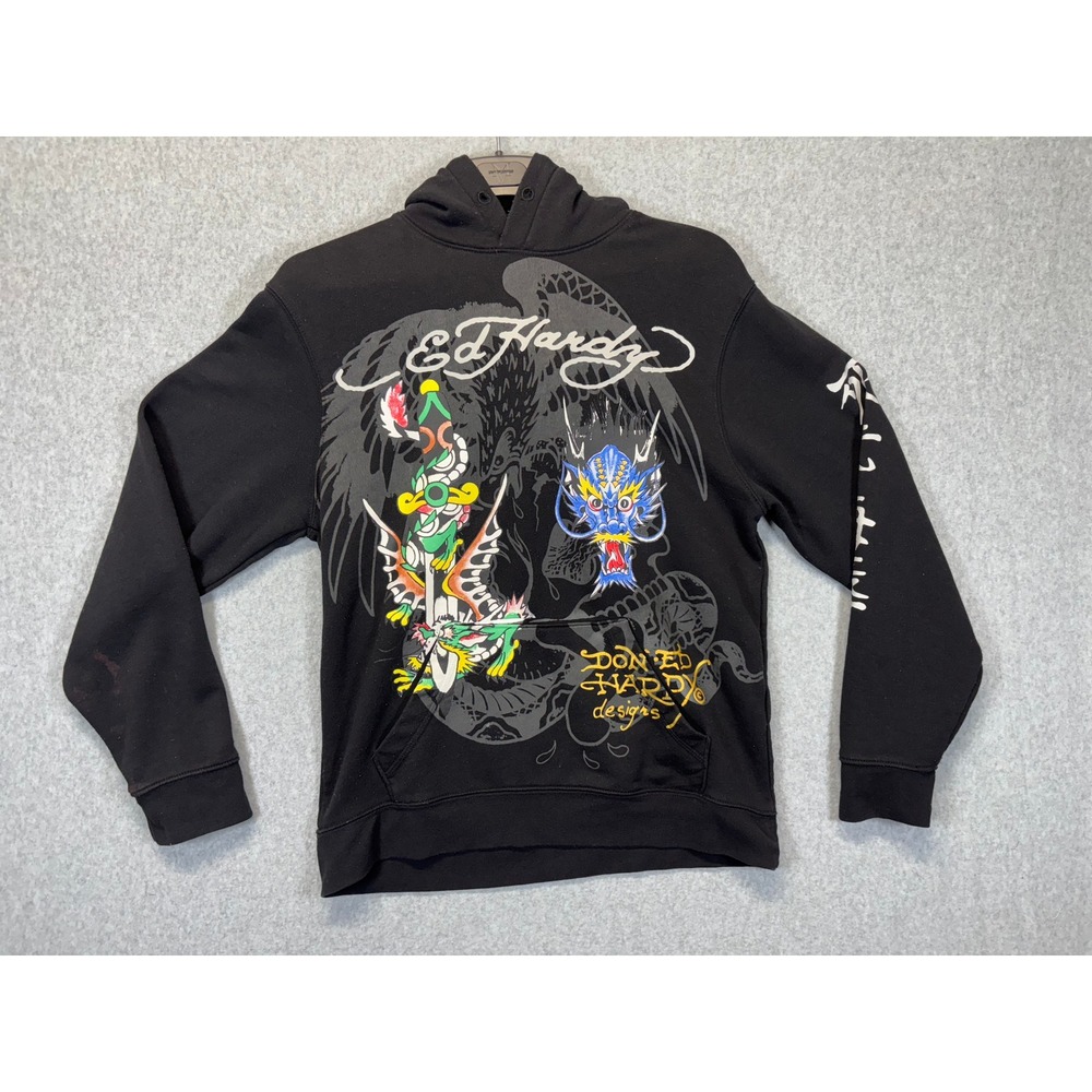Ed Hardy Mens Black Dragon Tattoo Graphic Pullover Hoodie Sweatshirt Size M
